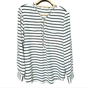 Calvin Klein Striped 1/2 Zip Blouse Roll Tab Long Sleeve Pocket White Black EUC